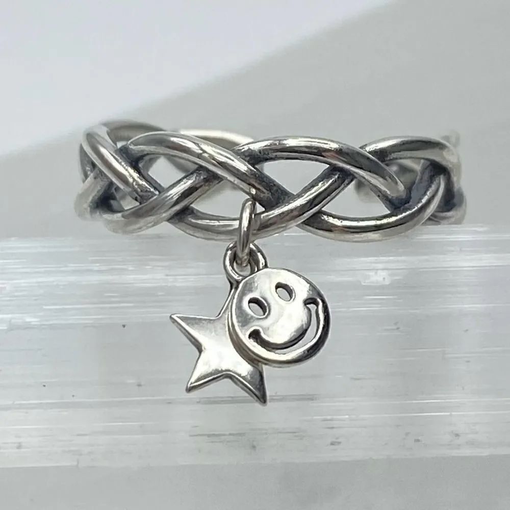 Star and Smile Face Dangle Sterling Silver Retro Ring Adjustable